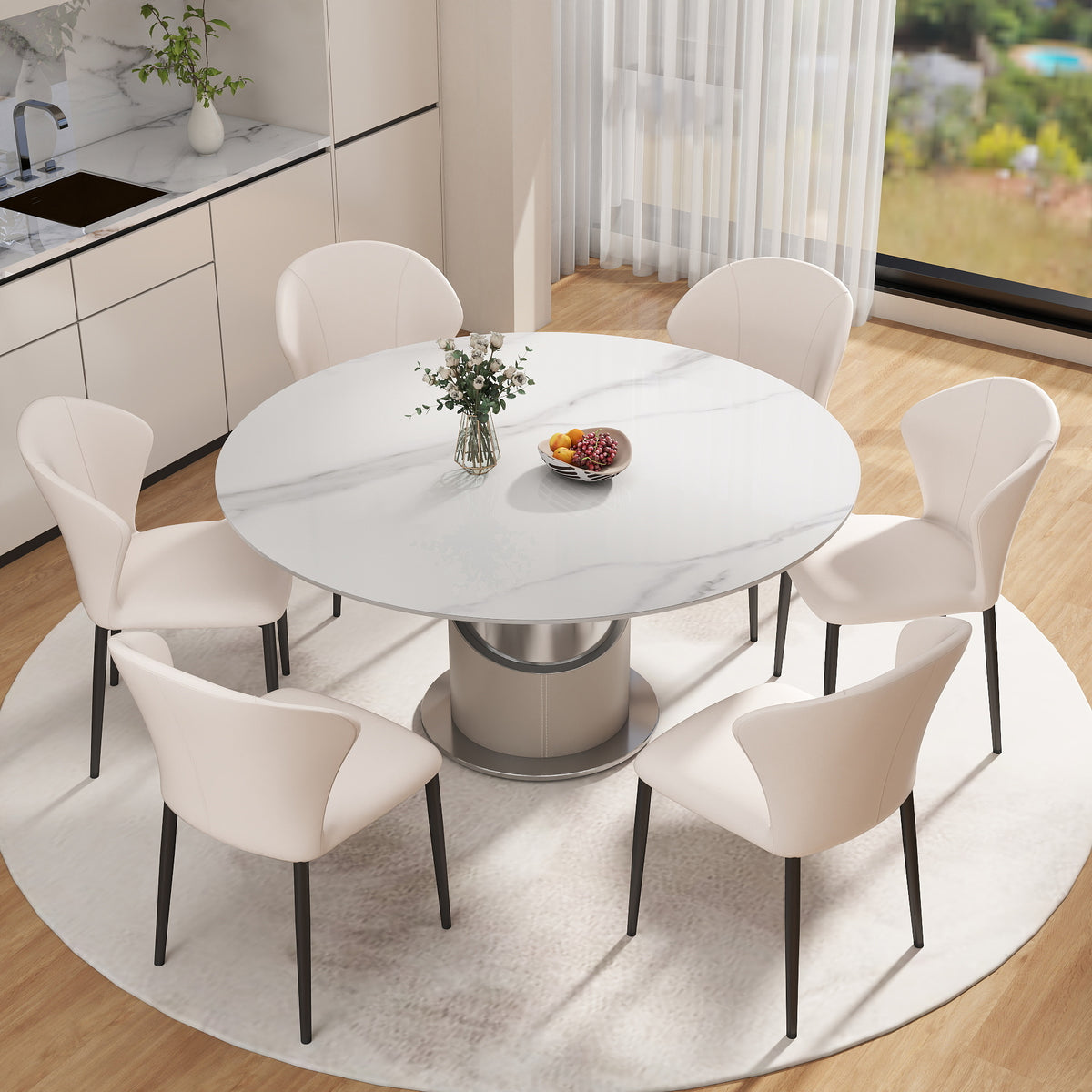 2 Sizes & 3 Colors Sintered Stone Dining Table Optional Rotating Tray Light Luxury Round Table Set for Home