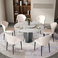 2 Sizes & 3 Colors Round Sintered Stone Dining Table – Optional Rotating Lazy Susan, Polished Gray Stainless Steel Pedestal Base, Marble Pattern Tabletop for Home Kitchen & Dining Room
