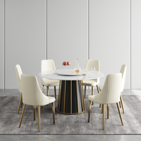 2 Sizes & 3 Colors Round Marble-Pattern Dining Table – Optional Rotating Lazy Susan, Black & Gold Metal Pedestal Base