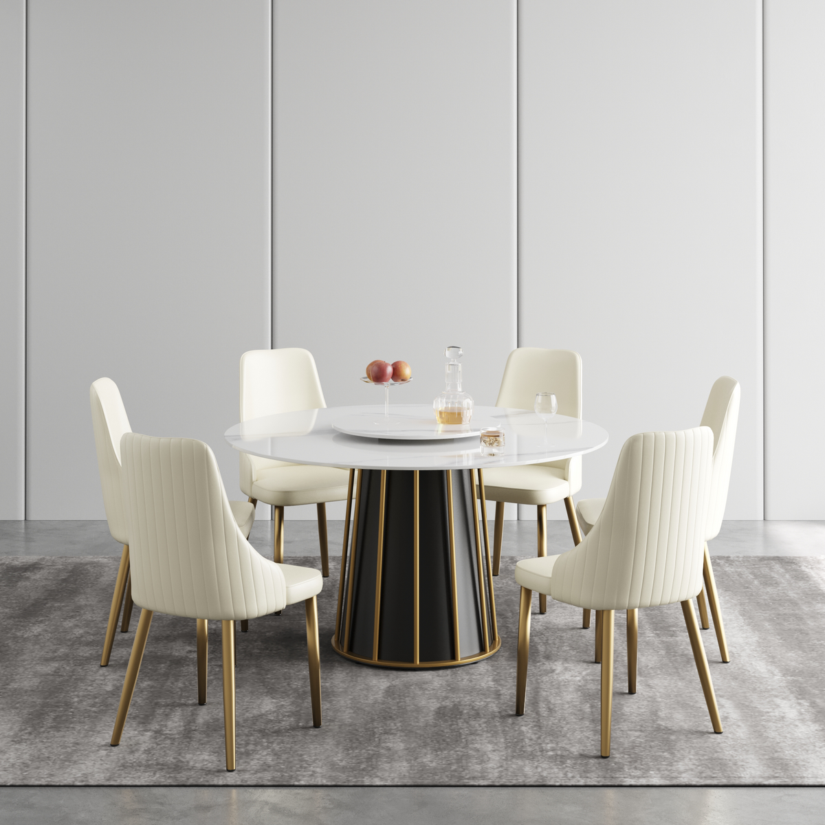 2 Sizes & 3 Colors Round Marble-Pattern Dining Table – Optional Rotating Lazy Susan, Black & Gold Metal Pedestal Base