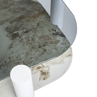 Two-Tier Coffee Table with Glass & Artificial Marble Tops, 2 Color Options (Bronze/White)