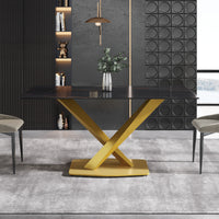 3 Sizes & 3 Colors Rectangular Dining Table – 2-Tone X-Shaped Metal Pedestal Base