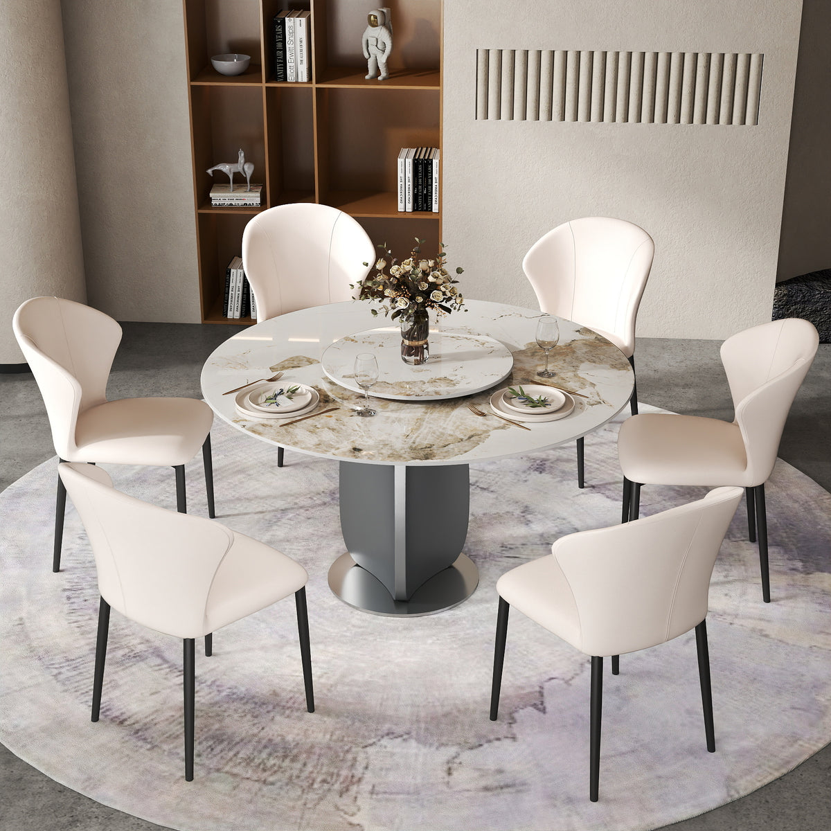2 Sizes & 3 Colors Round Sintered Stone Dining Table – Optional Rotating Lazy Susan, Polished Gray Stainless Steel Pedestal Base, Marble Pattern Tabletop for Home Kitchen & Dining Room