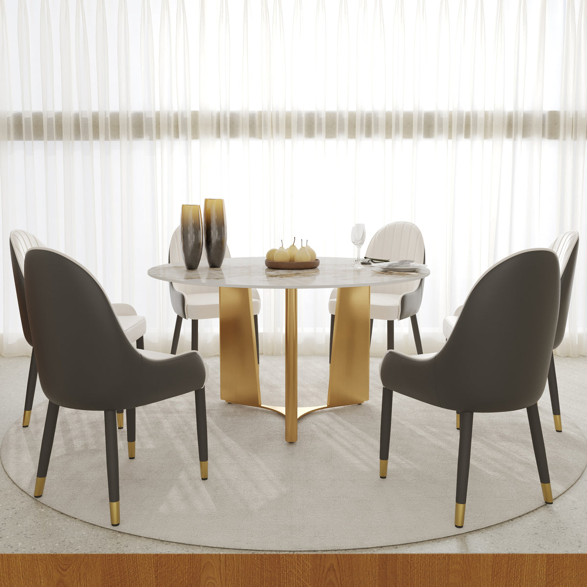 2 Sizes & 3 Colors Round Dining Table – Optional Rotating Lazy Susan, Geometric Gold Metal Pedestal Base