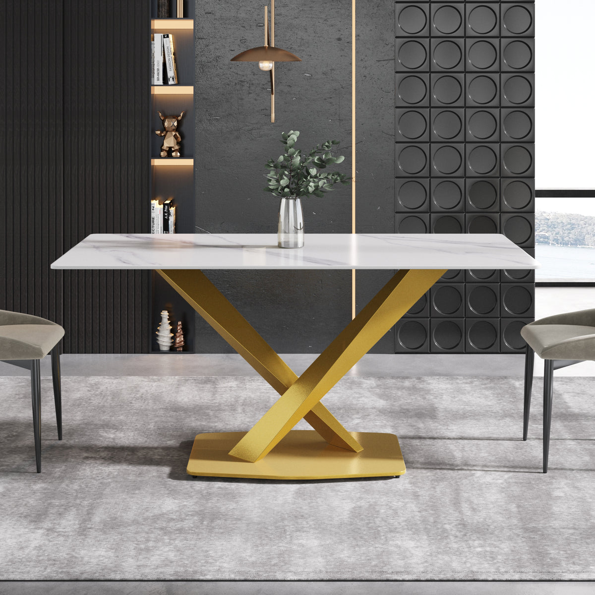 3 Sizes & 3 Colors Rectangular Dining Table – 2-Tone X-Shaped Metal Pedestal Base