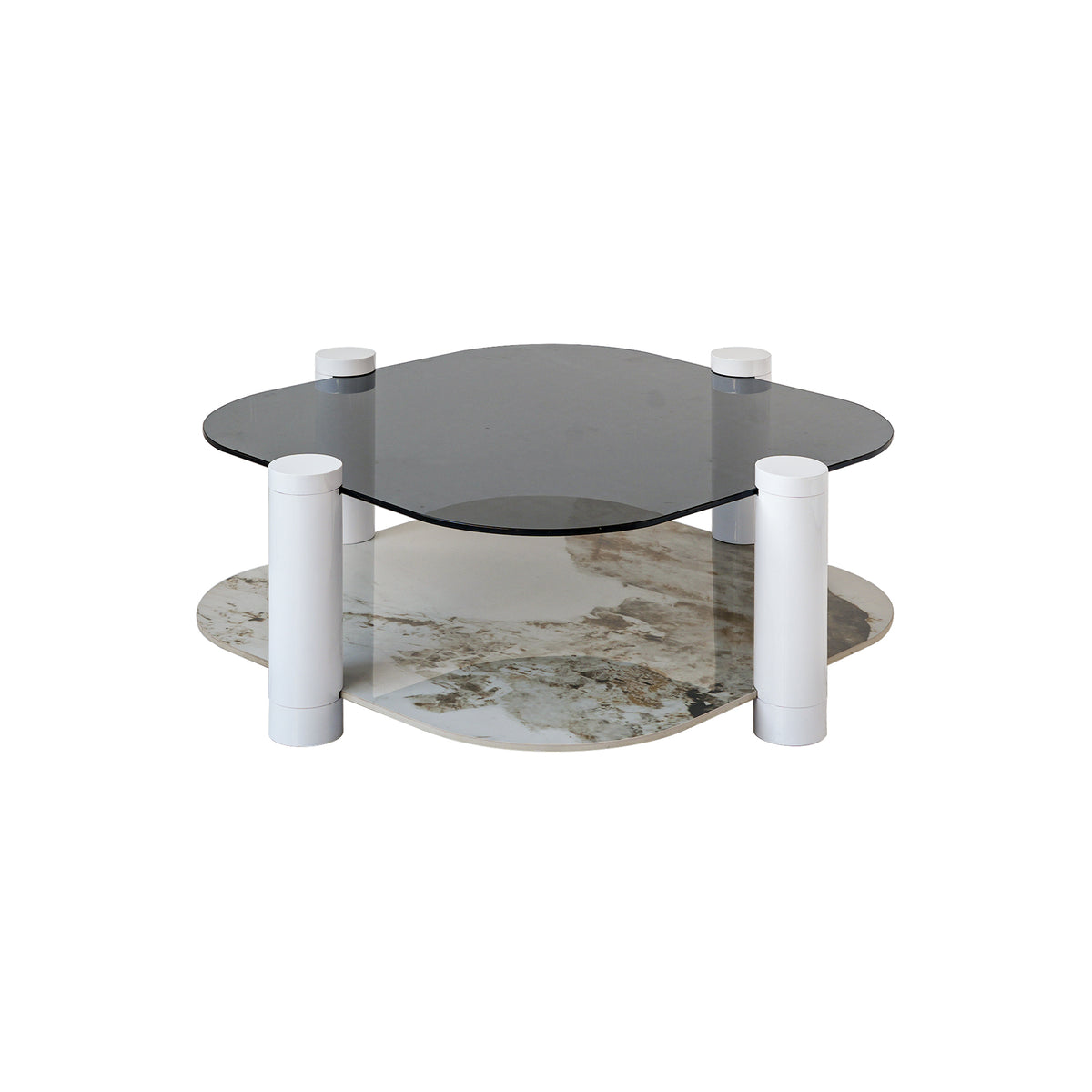 Two-Tier Coffee Table with Glass & Artificial Marble Tops, 2 Color Options (Bronze/White)