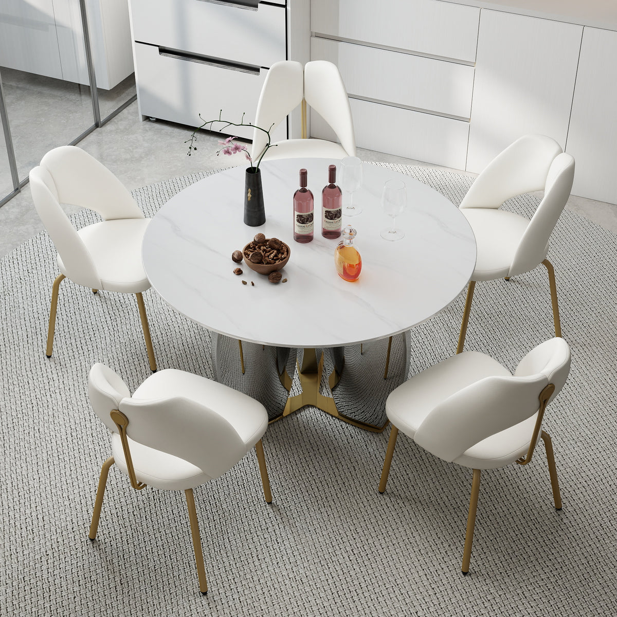 Mirrored Base Round Dining Table – 2 Color/Size Marble Tabletop Options, Optional Lazy Susan