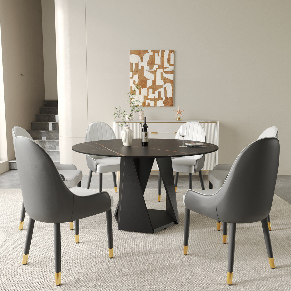 3 Color Round Tabletop Dining Table (53/59inch) – Optional Rotating Lazy Susan, 2-Tone Legs (Black/Antique Brass) for Modern Home