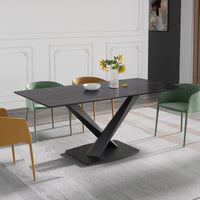 3 Sizes & 3 Colors Rectangular Dining Table – 2-Tone X-Shaped Metal Pedestal Base