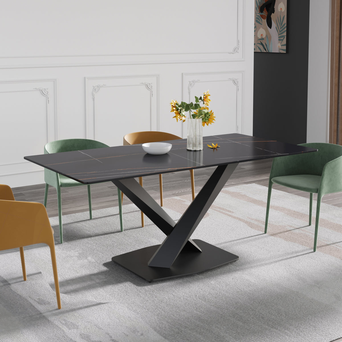 3 Sizes & 3 Colors Rectangular Dining Table – 2-Tone X-Shaped Metal Pedestal Base