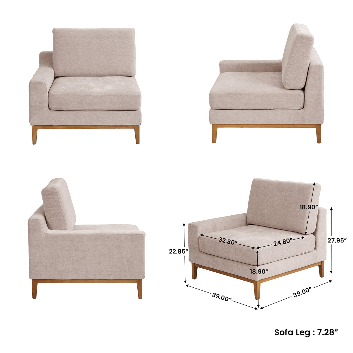 L-Shaped Linen-Look Sectional Sofa with Solid Wood Legs, Modular Chaise Couch for Living Room