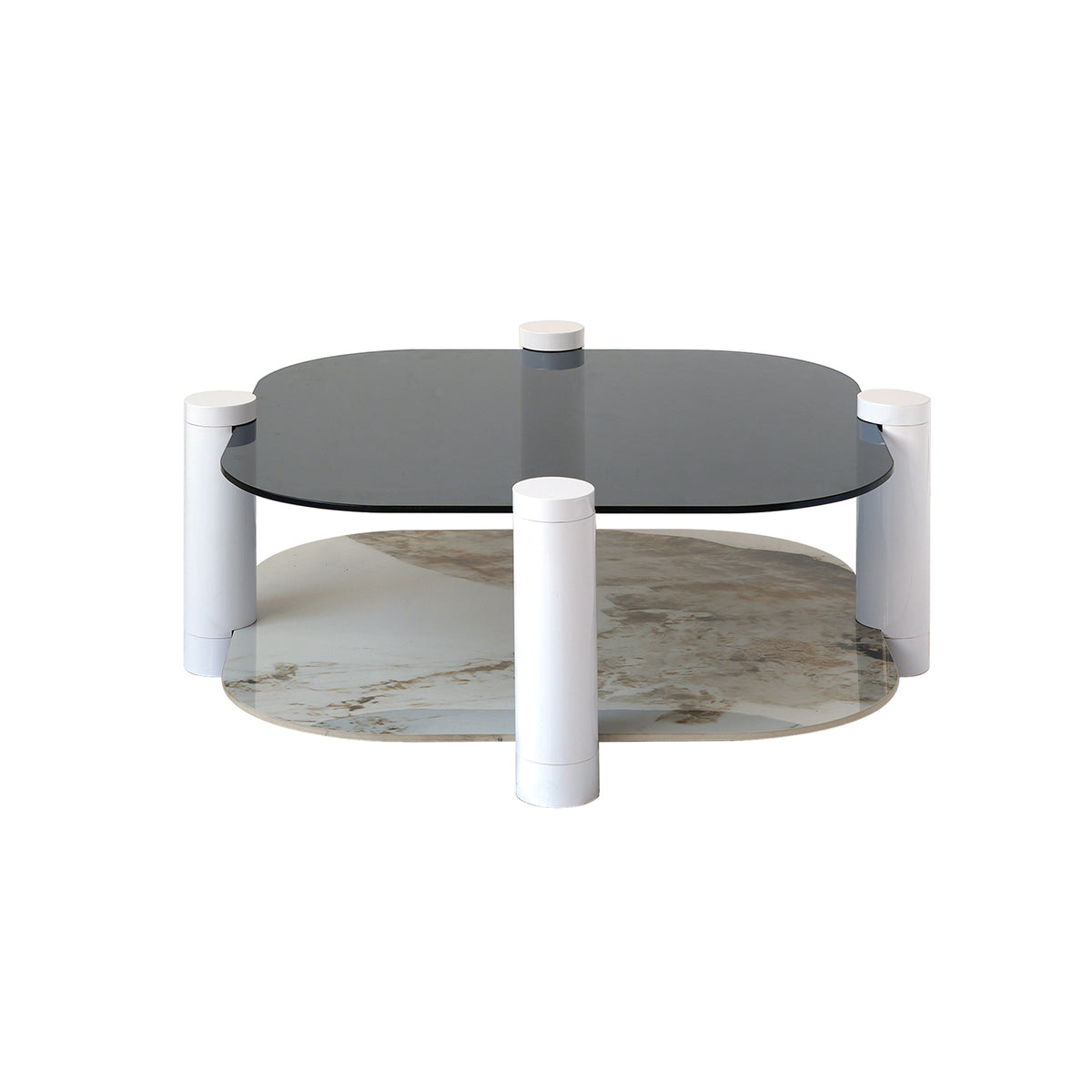 Two-Tier Coffee Table with Glass & Artificial Marble Tops, 2 Color Options (Bronze/White)