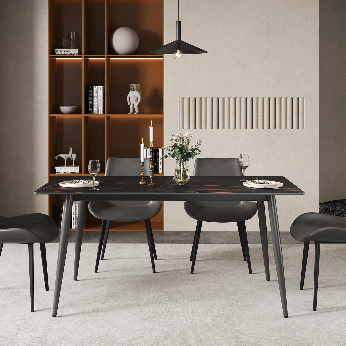 3 Sizes & 3 Colors Rectangular Dining Table – 2-Tone Tapered Metal Legs