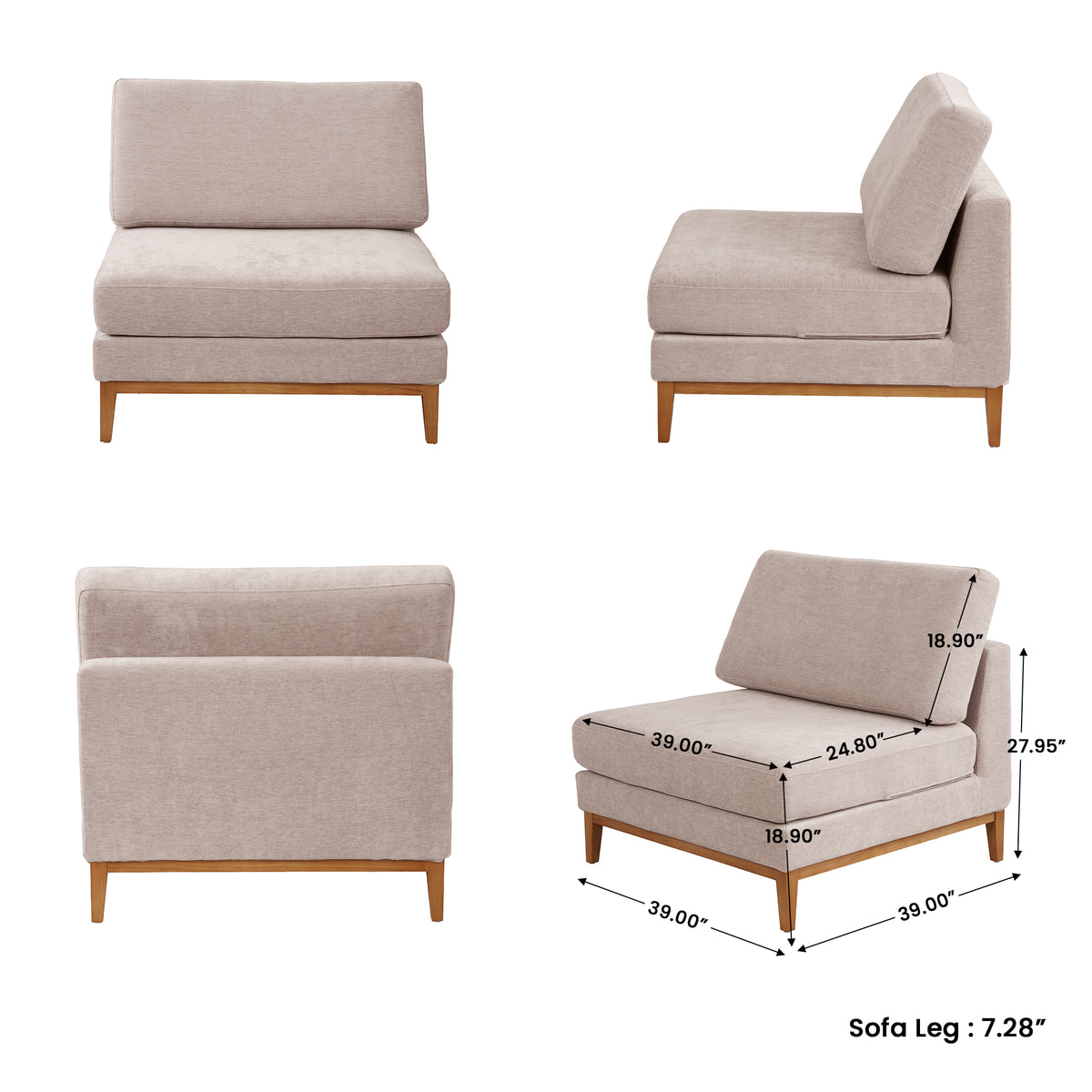 L-Shaped Linen-Look Sectional Sofa with Solid Wood Legs, Modular Chaise Couch for Living Room