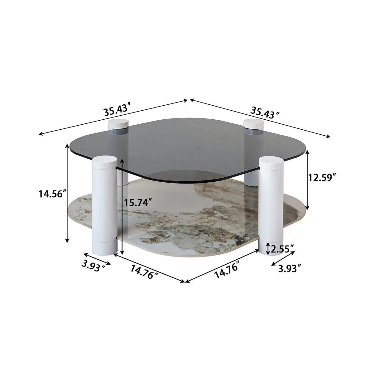 Two-Tier Coffee Table with Glass & Artificial Marble Tops, 2 Color Options (Bronze/White)