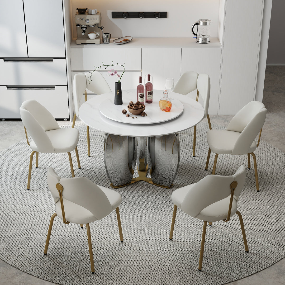Mirrored Base Round Dining Table – 2 Color/Size Marble Tabletop Options, Optional Lazy Susan