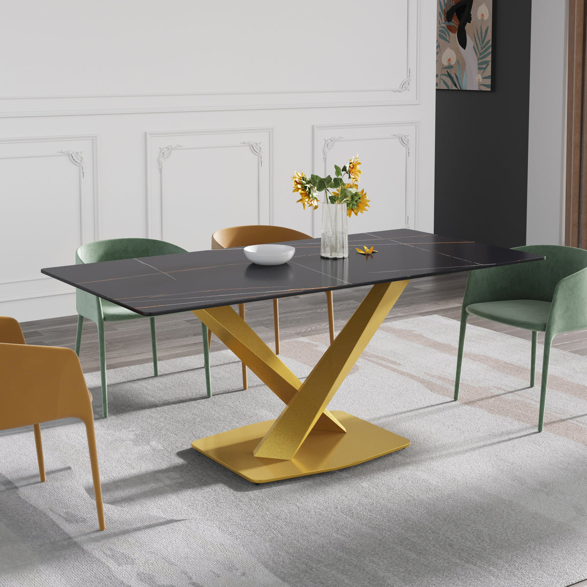 3 Sizes & 3 Colors Rectangular Dining Table – 2-Tone X-Shaped Metal Pedestal Base