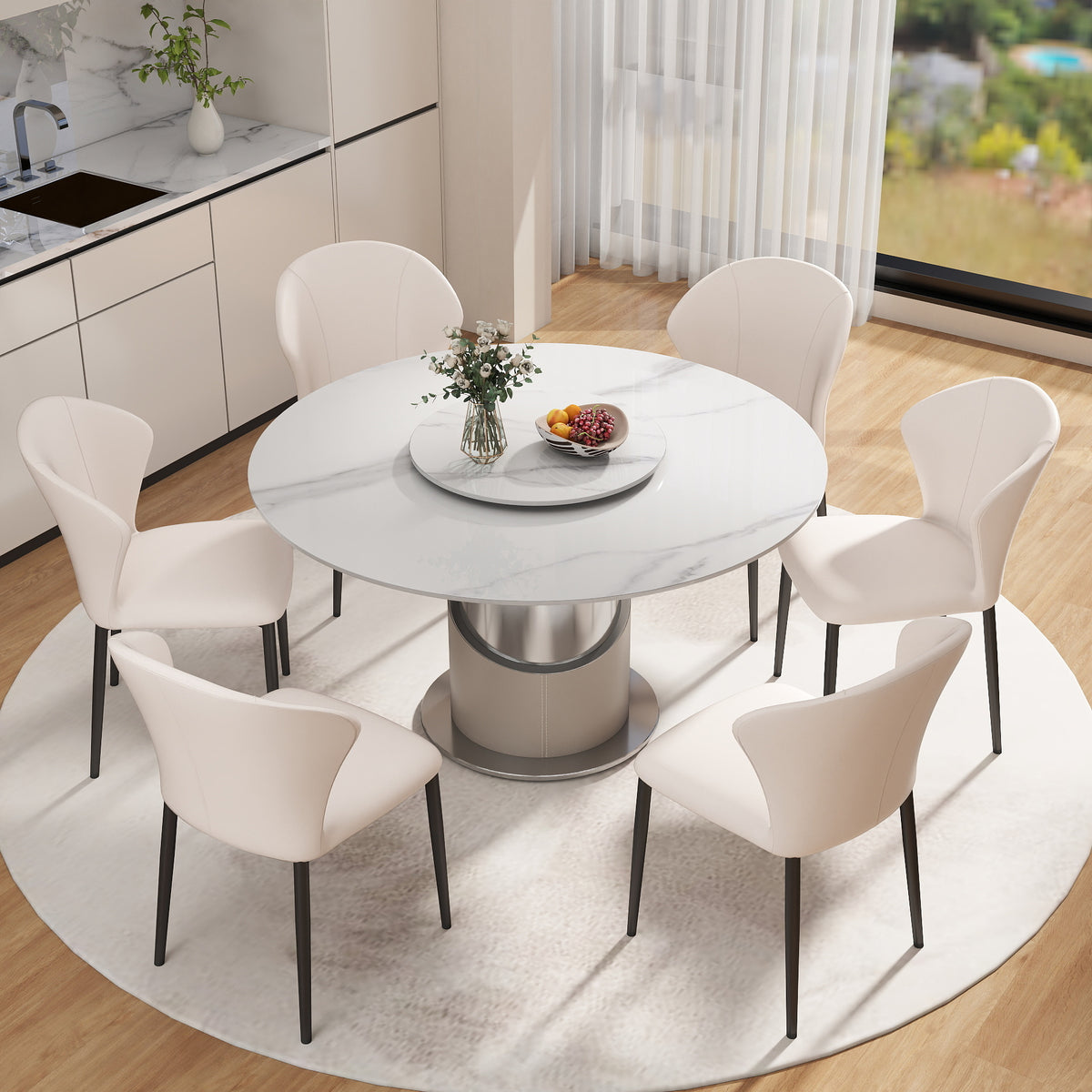 2 Sizes & 3 Colors Sintered Stone Dining Table Optional Rotating Tray Light Luxury Round Table Set for Home