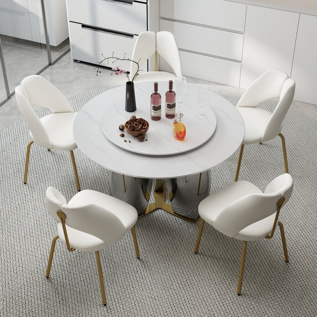 Mirrored Base Round Dining Table – 2 Color/Size Marble Tabletop Options, Optional Lazy Susan