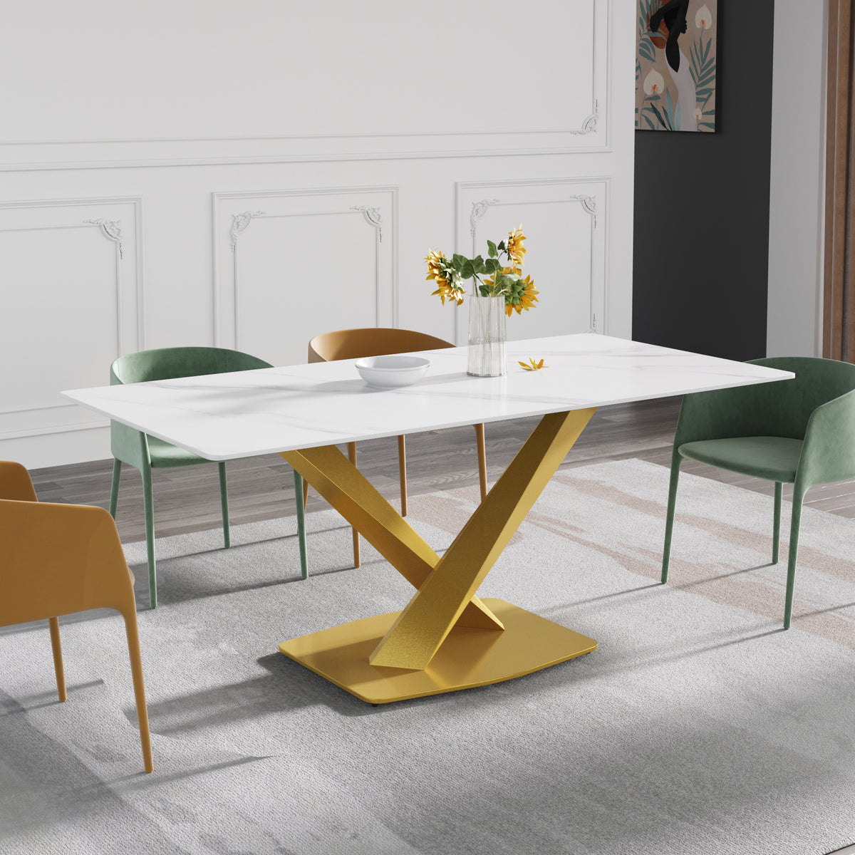 3 Sizes & 3 Colors Rectangular Dining Table – 2-Tone X-Shaped Metal Pedestal Base