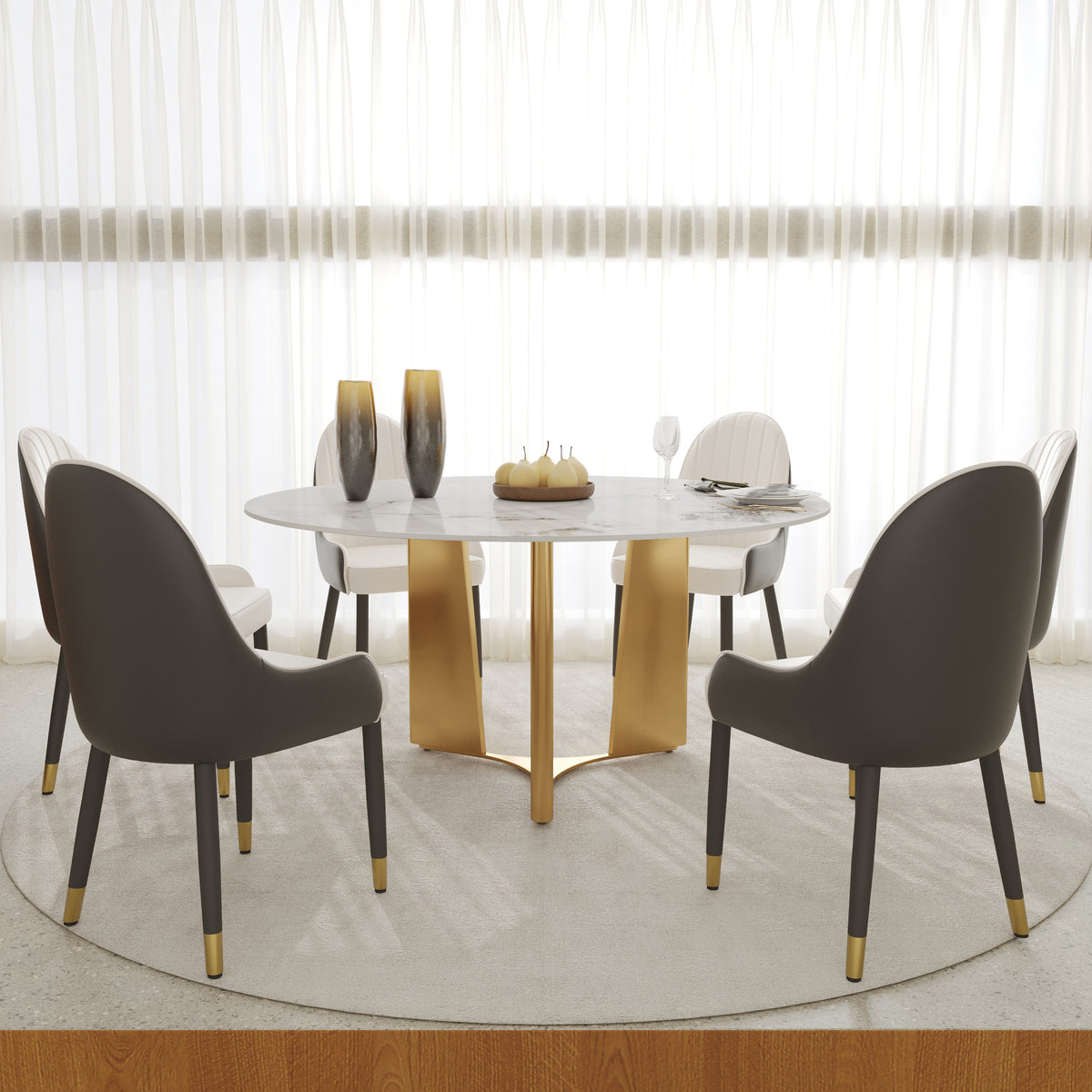2 Sizes & 3 Colors Round Dining Table – Optional Rotating Lazy Susan, Geometric Gold Metal Pedestal Base