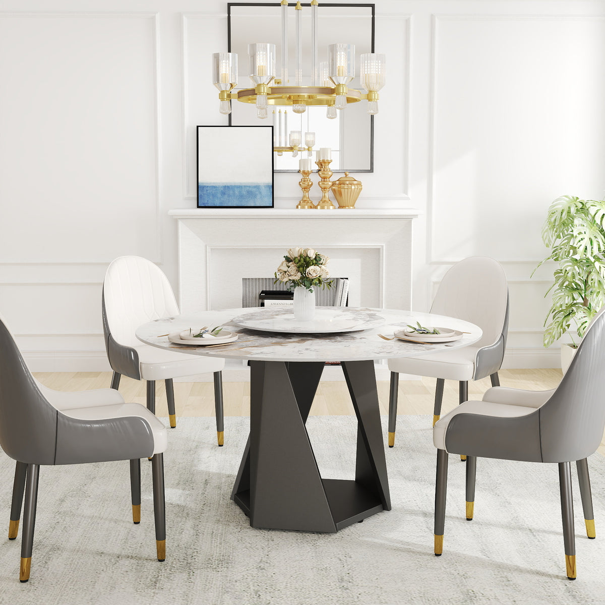 3 Color Round Tabletop Dining Table (53/59inch) – Optional Rotating Lazy Susan, 2-Tone Legs (Black/Antique Brass) for Modern Home