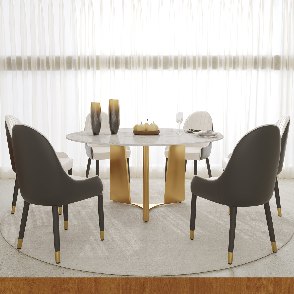 2 Sizes & 3 Colors Round Dining Table – Optional Rotating Lazy Susan, Geometric Gold Metal Pedestal Base