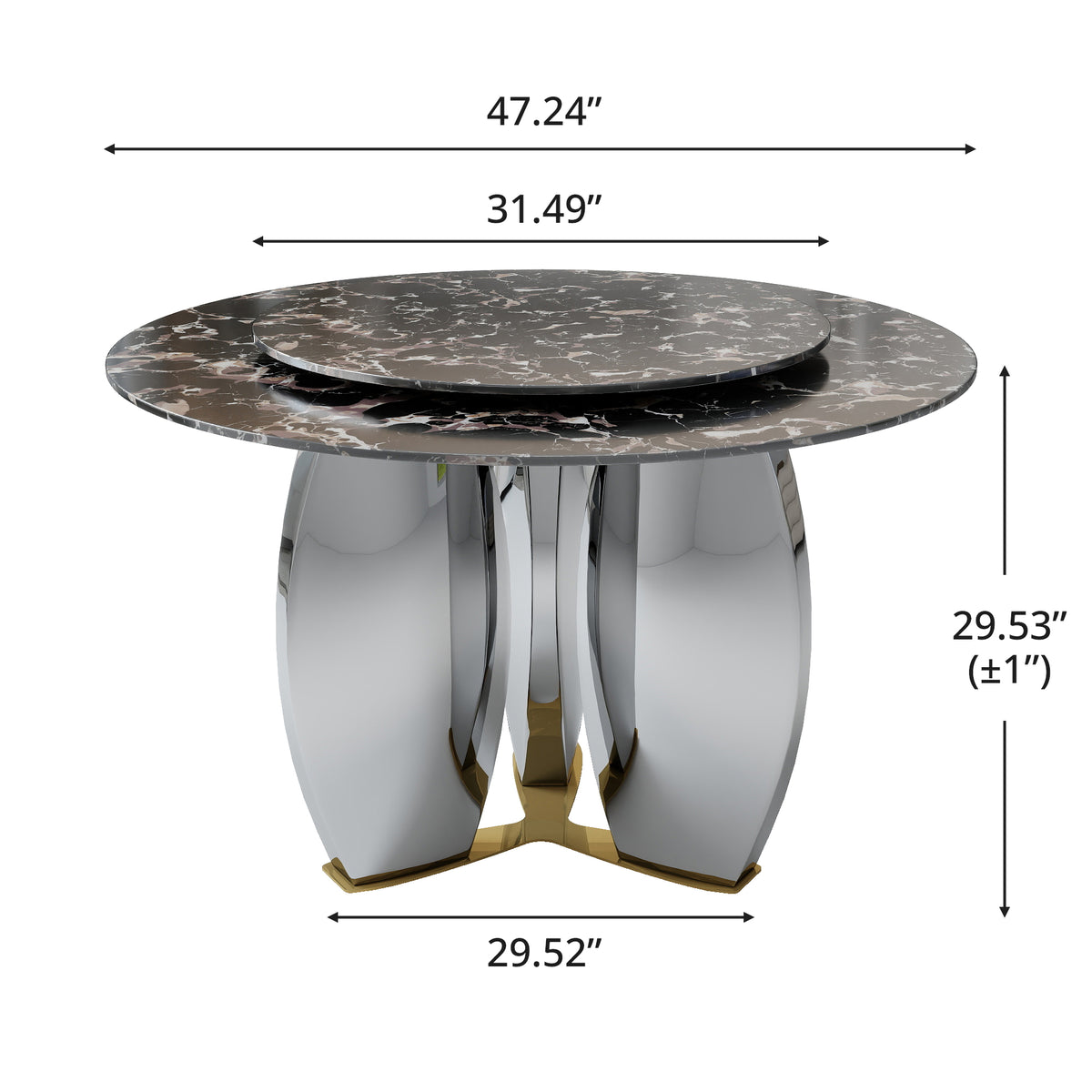 Mirrored Base Round Dining Table – 2 Color/Size Marble Tabletop Options, Optional Lazy Susan