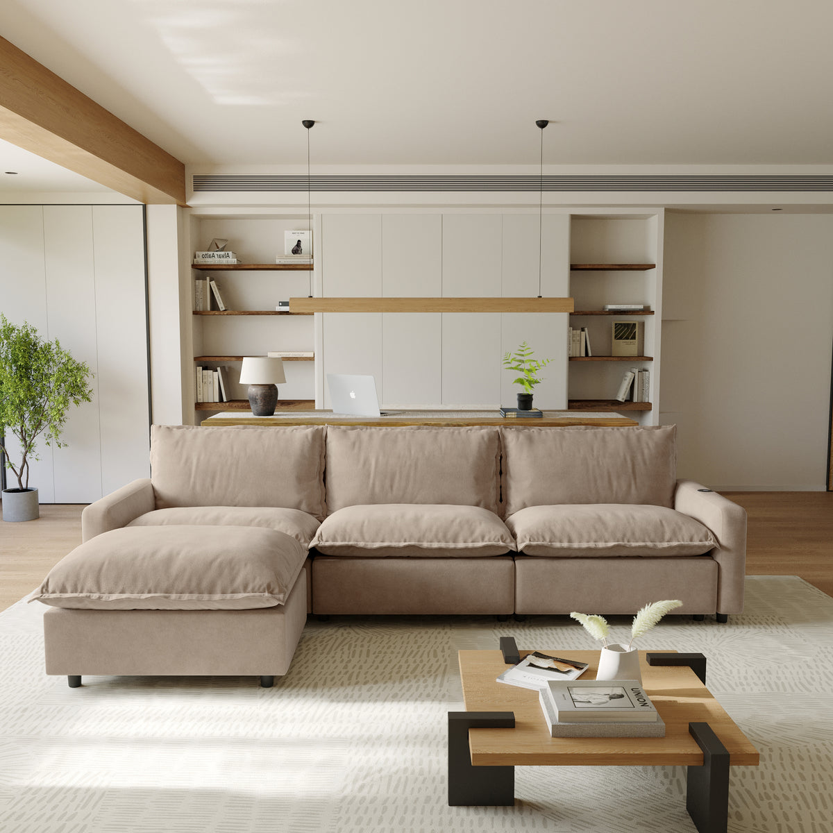 Solid Wood Frame L-Shaped Linen Sectional Sofa with Functional Recliner, Wireless Charging, Zero Gravity Recline & Seat Heating, 3 Color Options