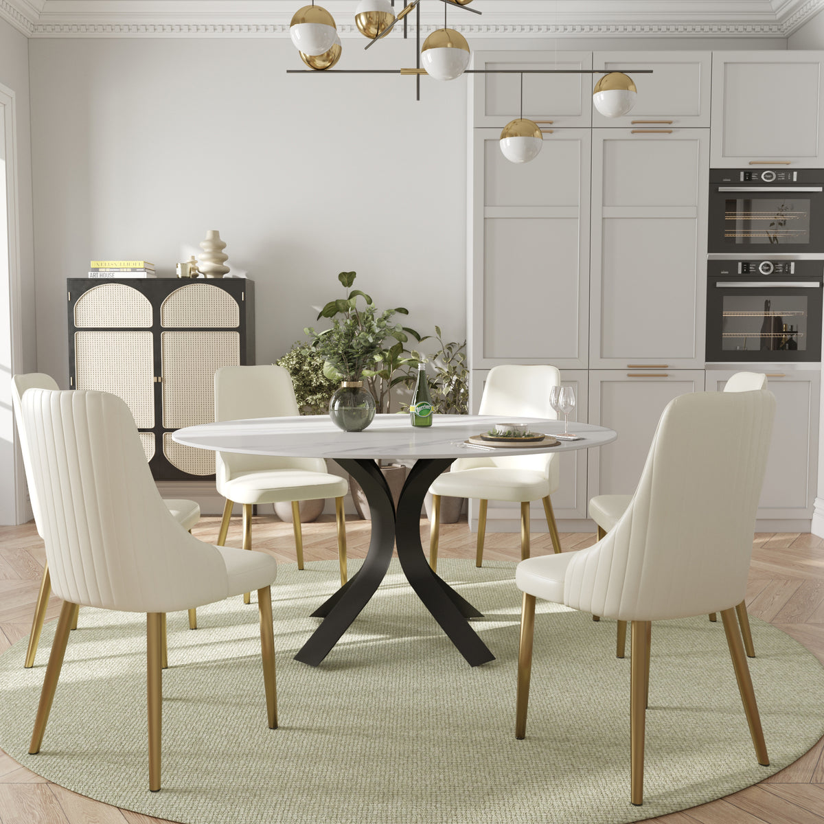 2 Sizes & 3 Colors Round Marble-Pattern Dining Table – Optional Rotating Lazy Susan, 2-Tone X-Shaped Metal Legs