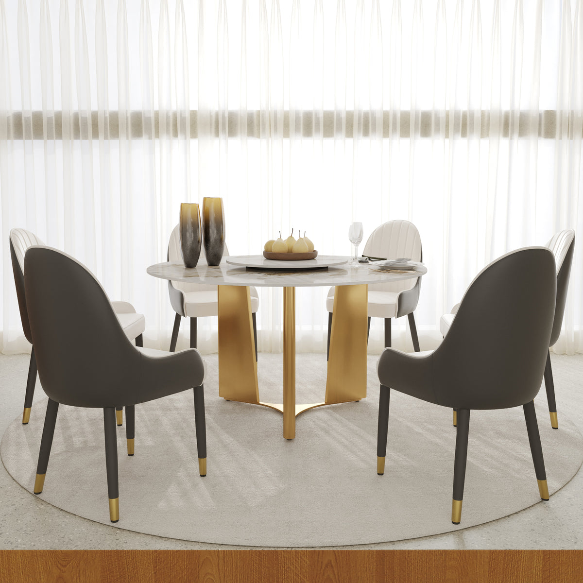 2 Sizes & 3 Colors Round Dining Table – Optional Rotating Lazy Susan, Geometric Gold Metal Pedestal Base