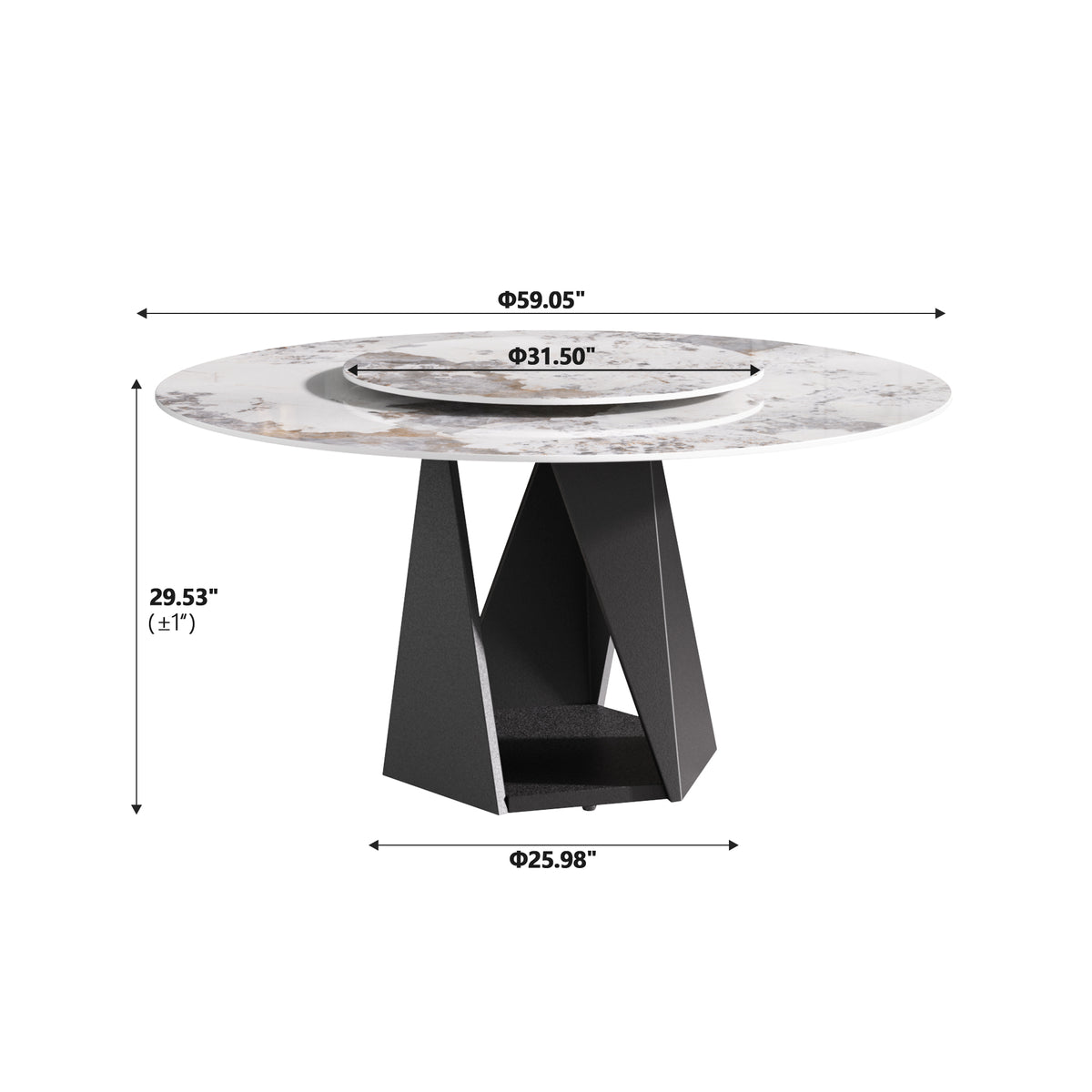 3 Color Round Tabletop Dining Table (53/59inch) – Optional Rotating Lazy Susan, 2-Tone Legs (Black/Antique Brass) for Modern Home