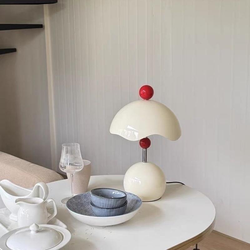 Cherry Dome Retro Table Lamp – Cream & Red Accent Light