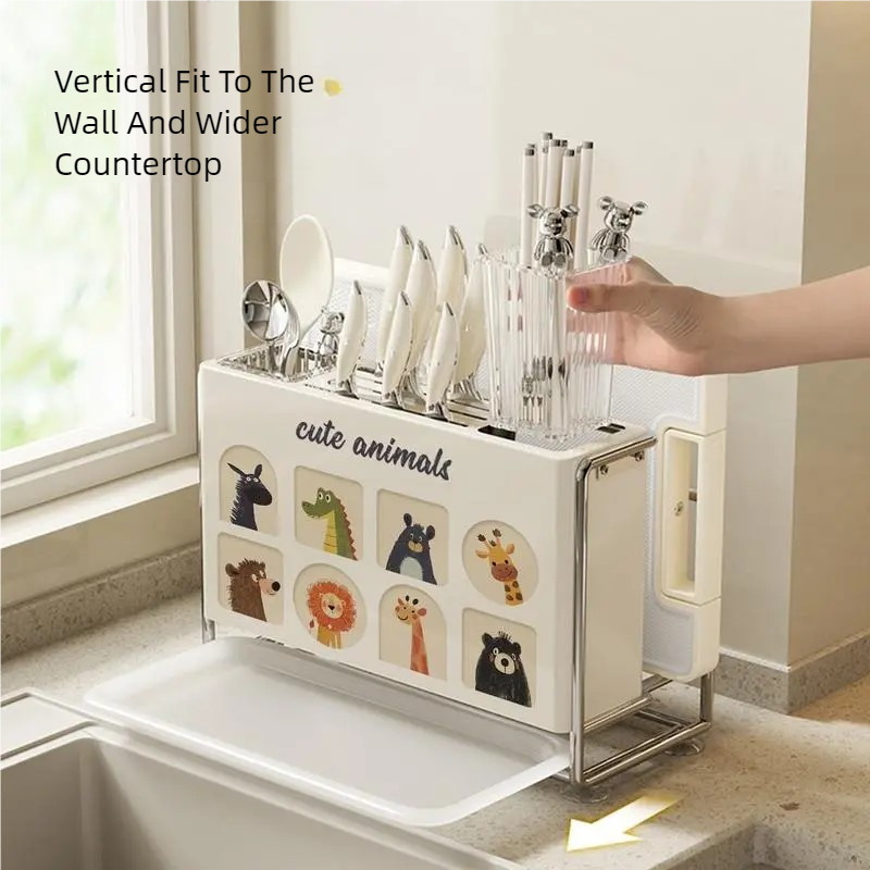 Cute Animals All-in-One Knife & Utensil Rack – Wall-Mountable Draining Organizer