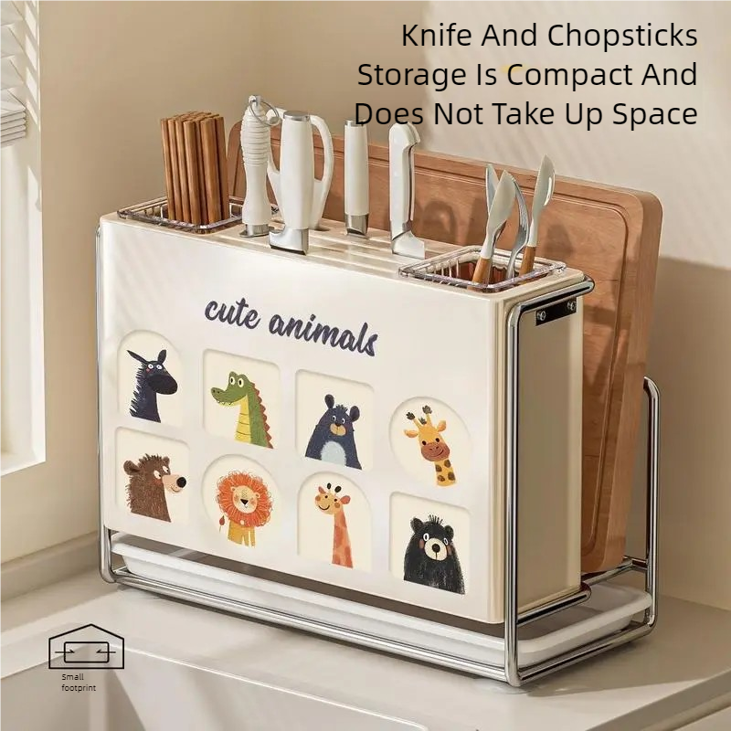 Cute Animals All-in-One Knife & Utensil Rack – Wall-Mountable Draining Organizer