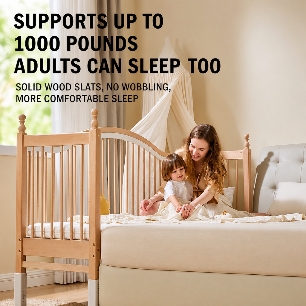 Children's solid wood bed with adjustable height.