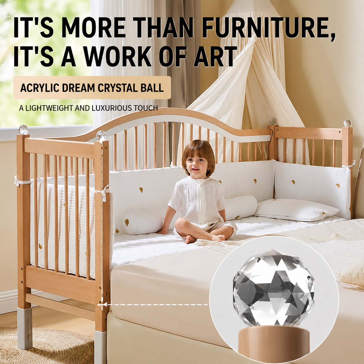 Children's solid wood bed with adjustable height.
