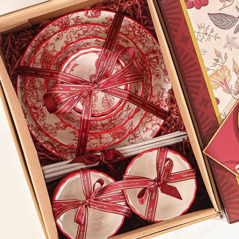 Festive Set of Bowls and Chopsticks for Household Red Tableware