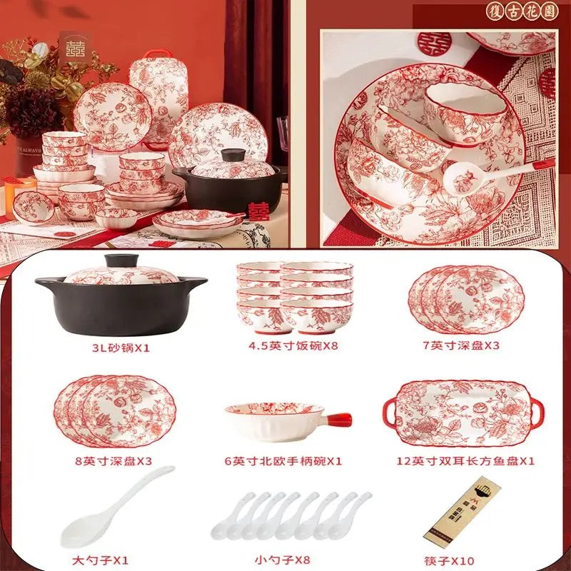Festive Set of Bowls and Chopsticks for Household Red Tableware