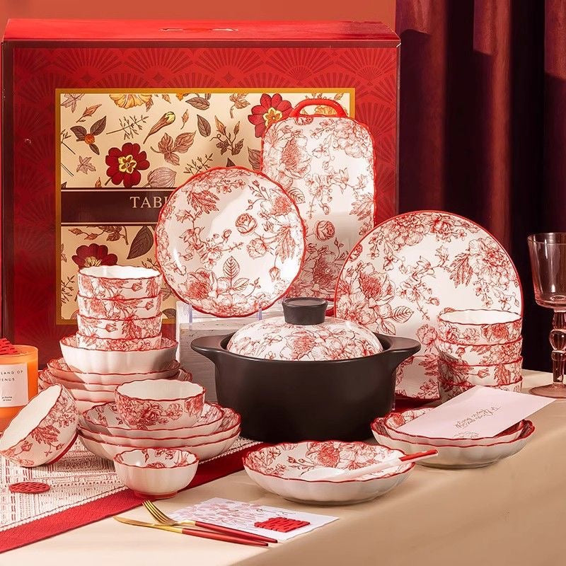Festive Set of Bowls and Chopsticks for Household Red Tableware